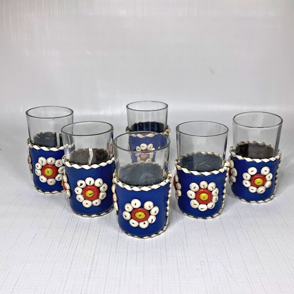 Mexican Tequila Leather Shot Glasses Set 6 Vintage Barware Man Cave